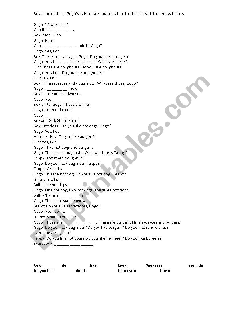 GogoÂ´s Adventure worksheet