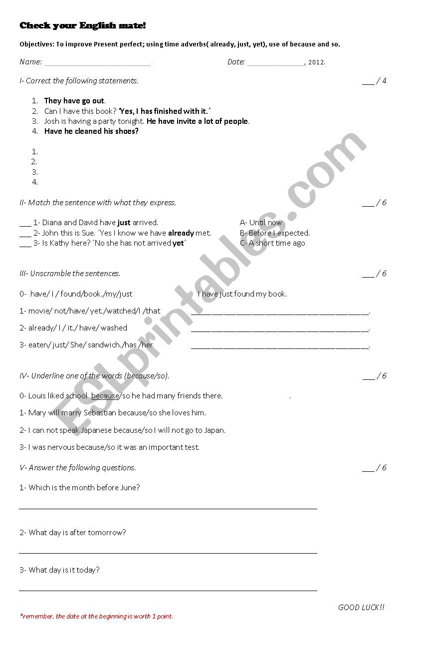 Present Perfect worksheet worksheet