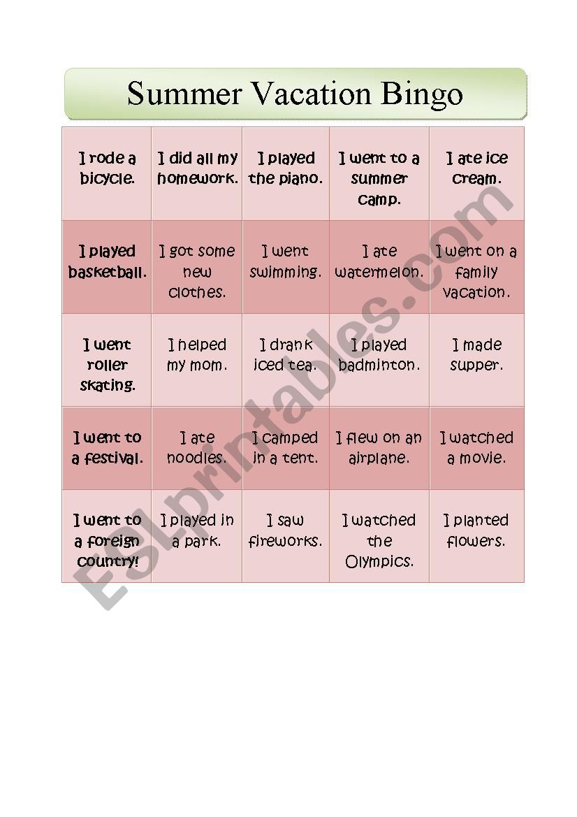 Summer Vacation Bingo Game worksheet