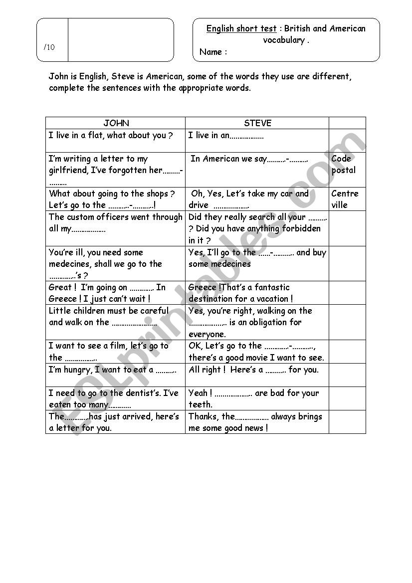 British or American  ?  worksheet