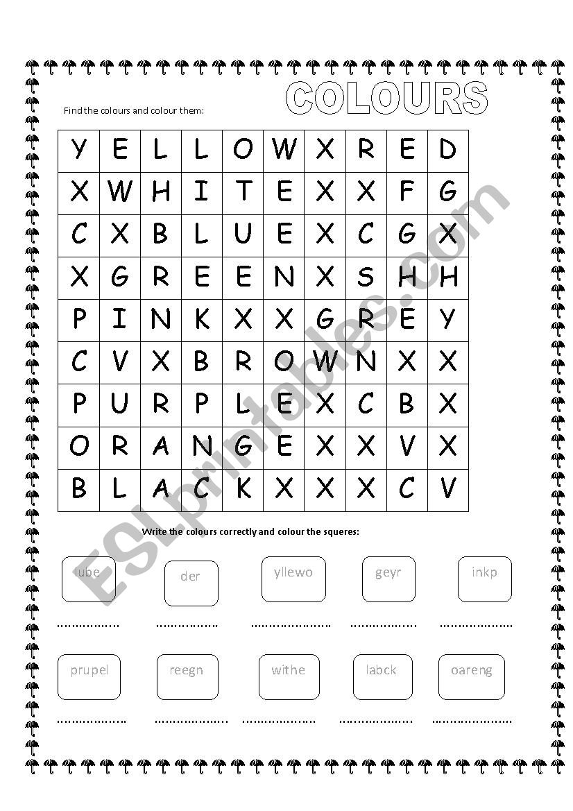 colours wordsearch worksheet