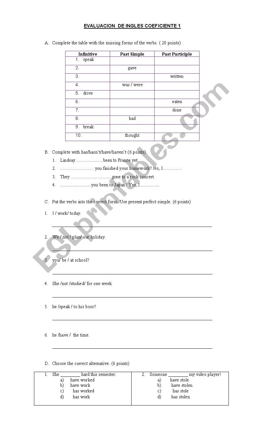 present perfect test worksheet