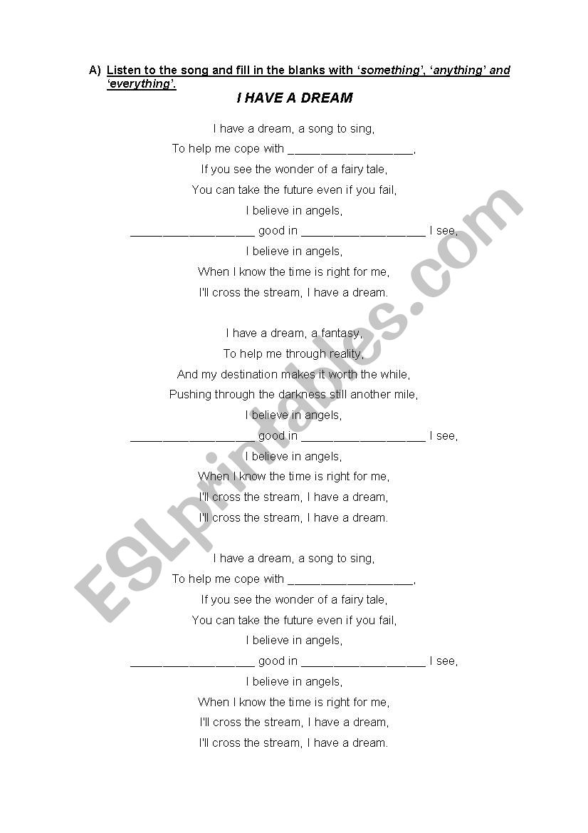 I Have a Dream song worksheet - ESL worksheet by bpuveen22 Pertaining To I Have A Dream Worksheet