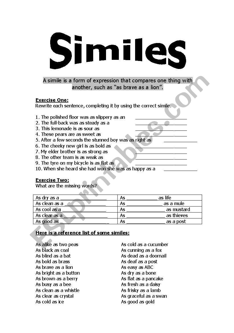 Similes worksheet