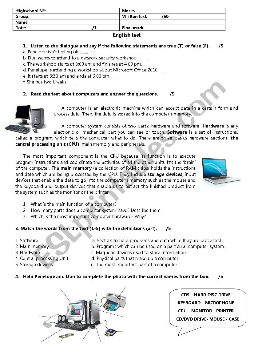 test about technology worksheet
