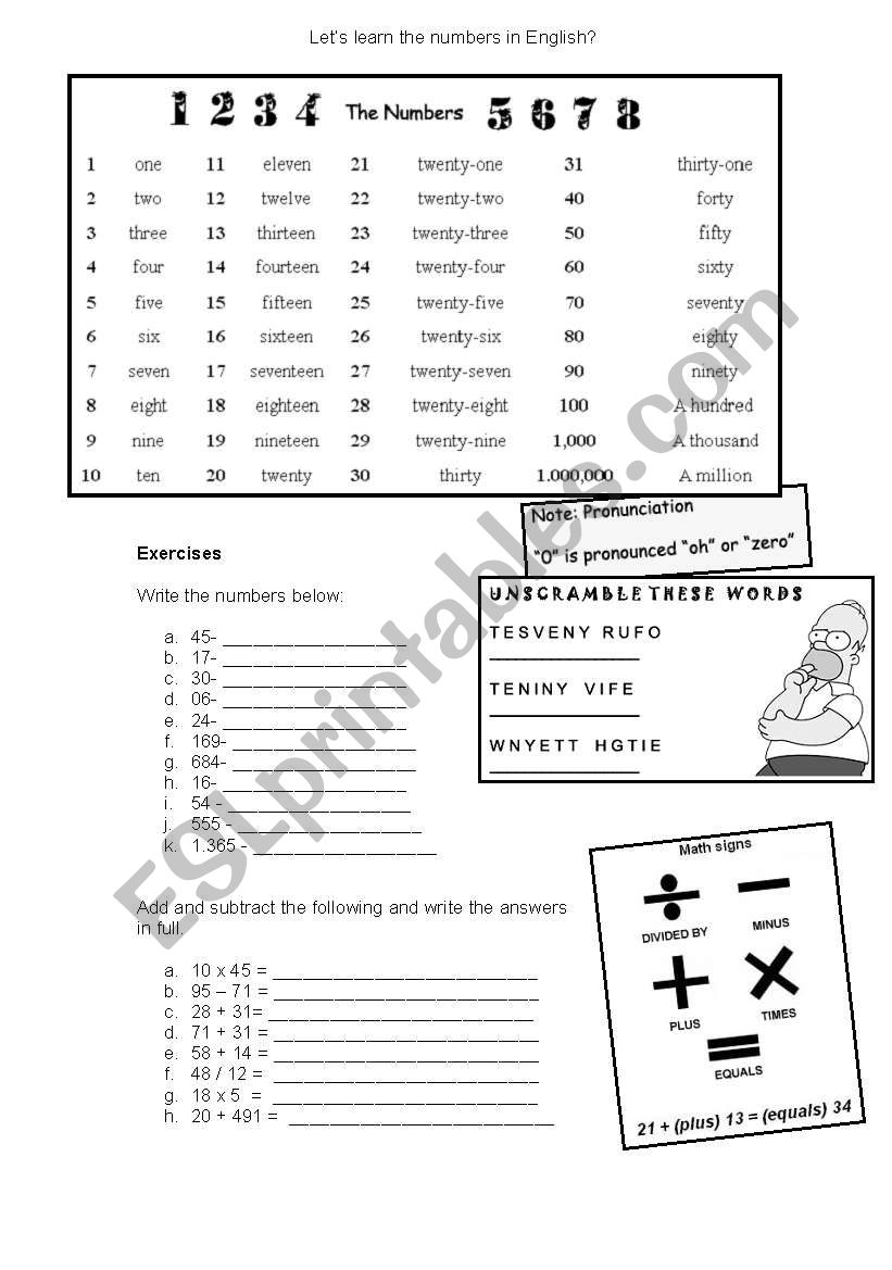 Numbers worksheet