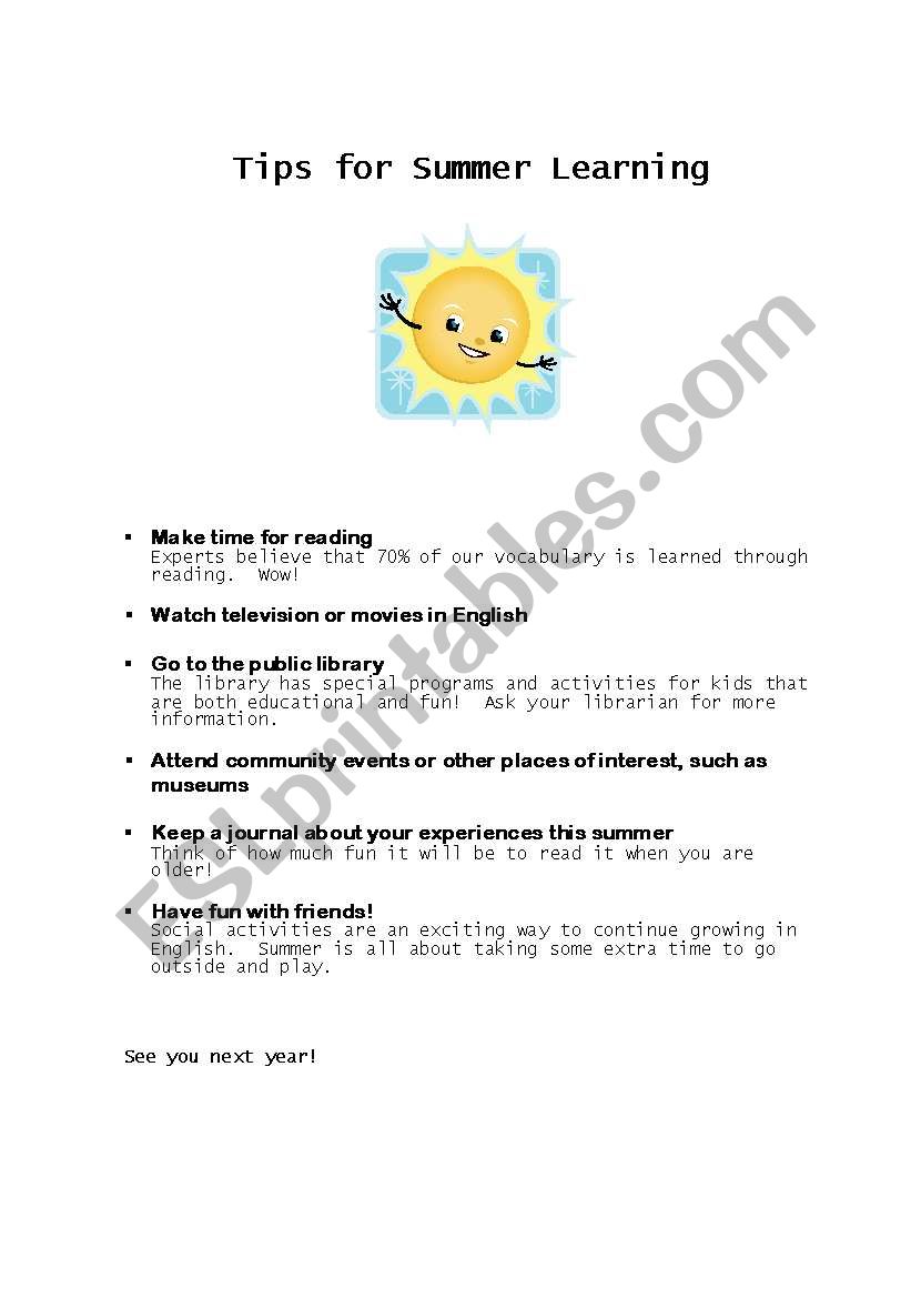 Summer learning tips for ESL students