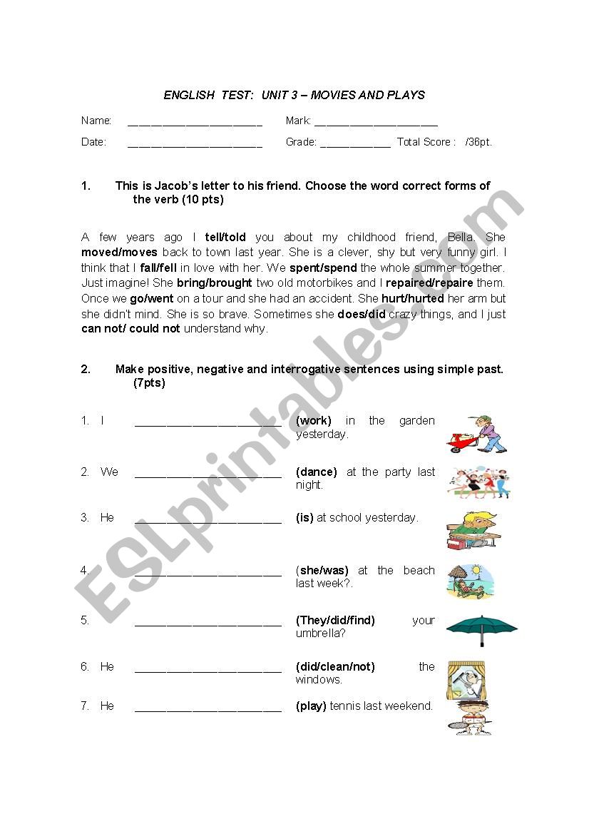 past simple past perfect test worksheet