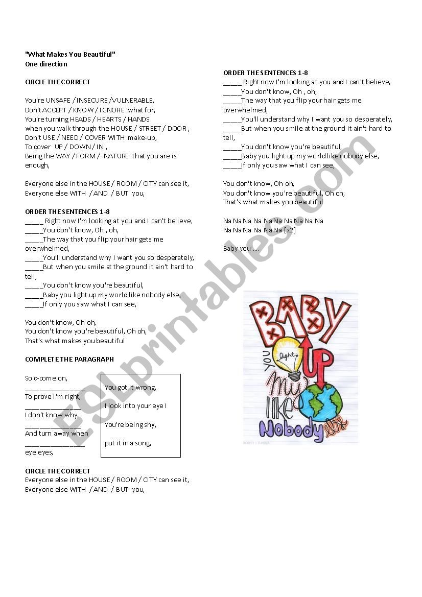 What makes you beautiful song worksheet