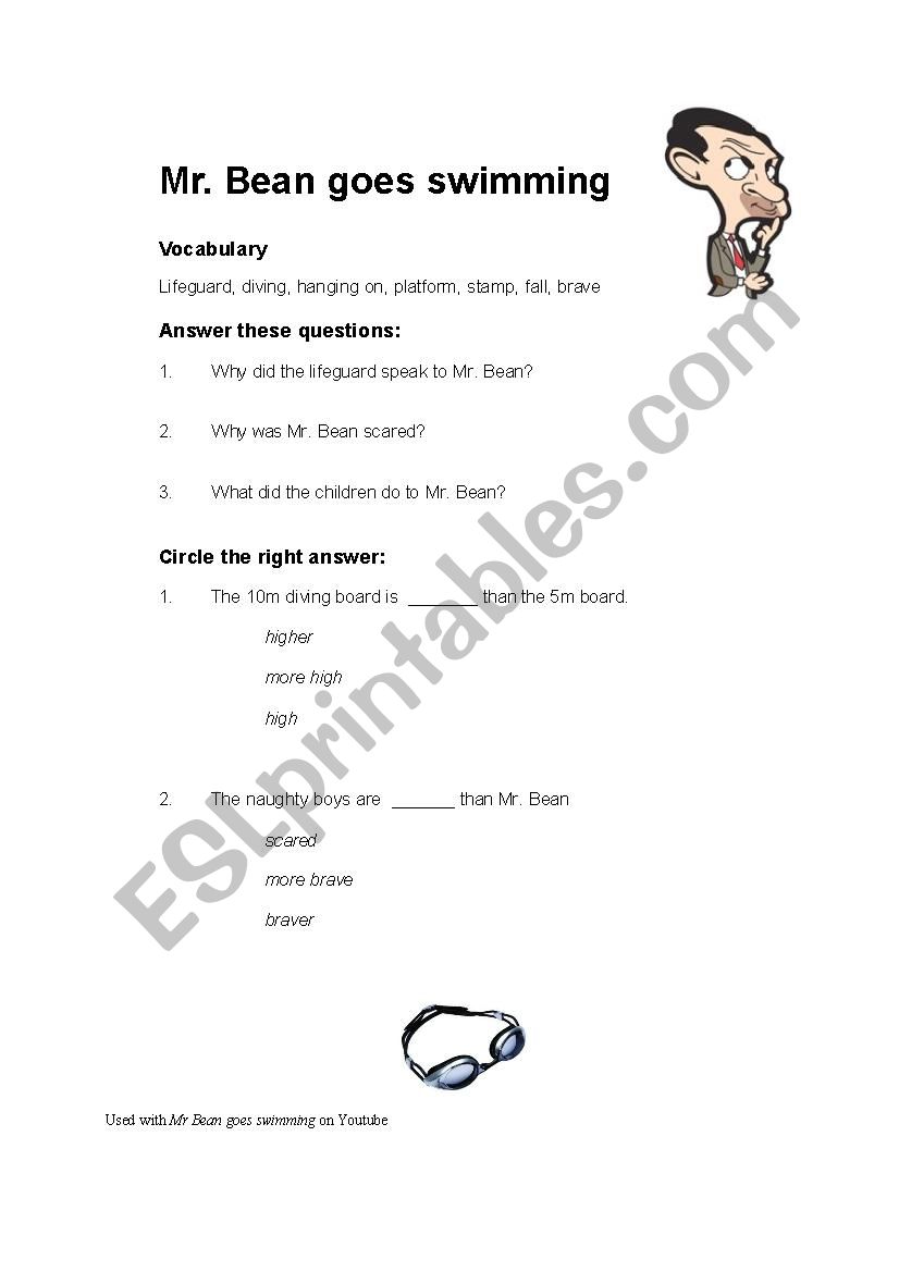 Mr Bean goes swimming worksheet
