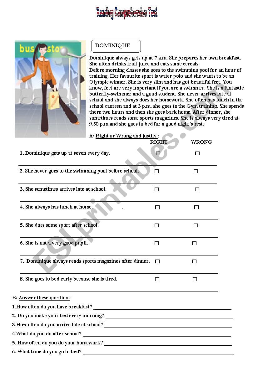 Reading comprehension test:Daily routine