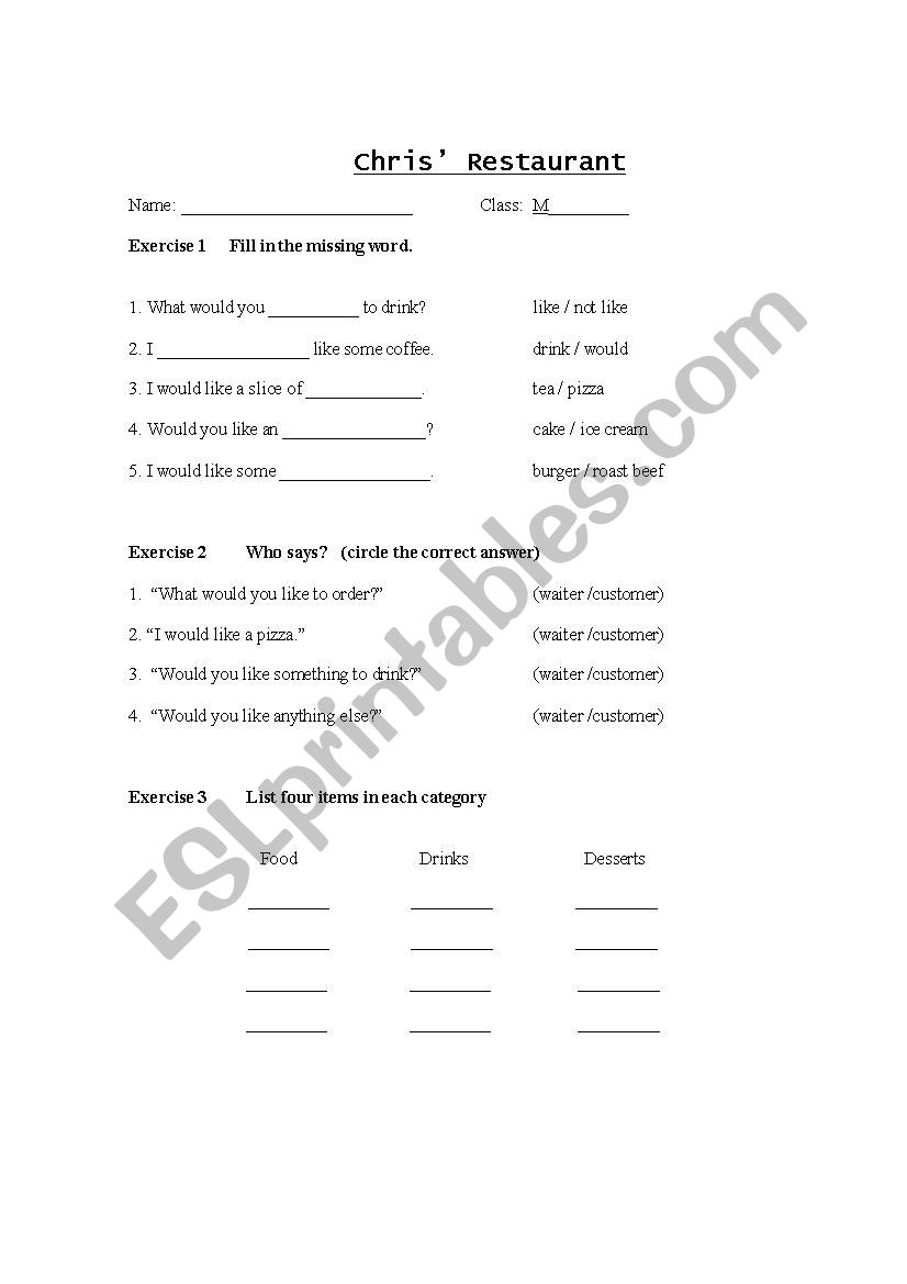 Food in a restaurant worksheet