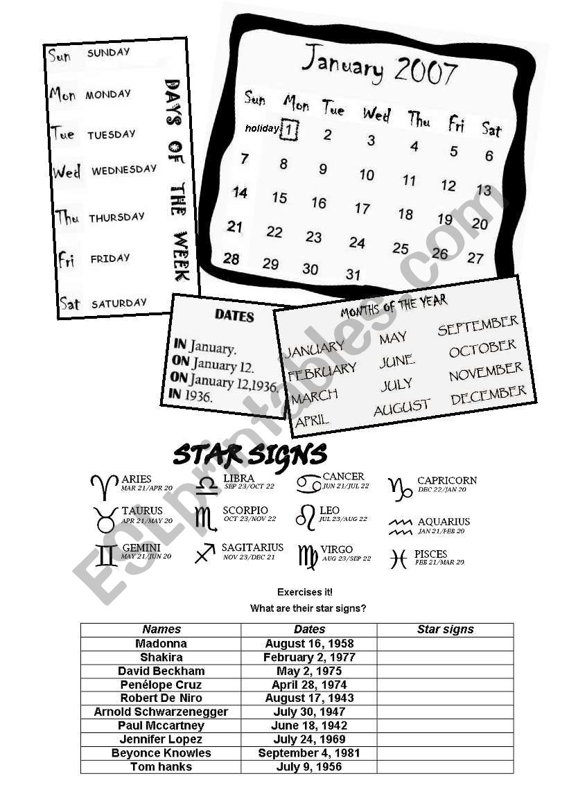 Months, days of the week ansd star signs