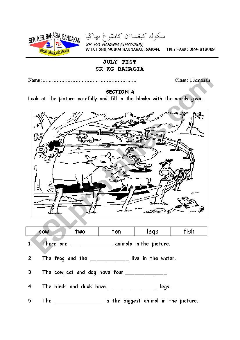 ENGLISH TEST FOR YEAR 1 worksheet