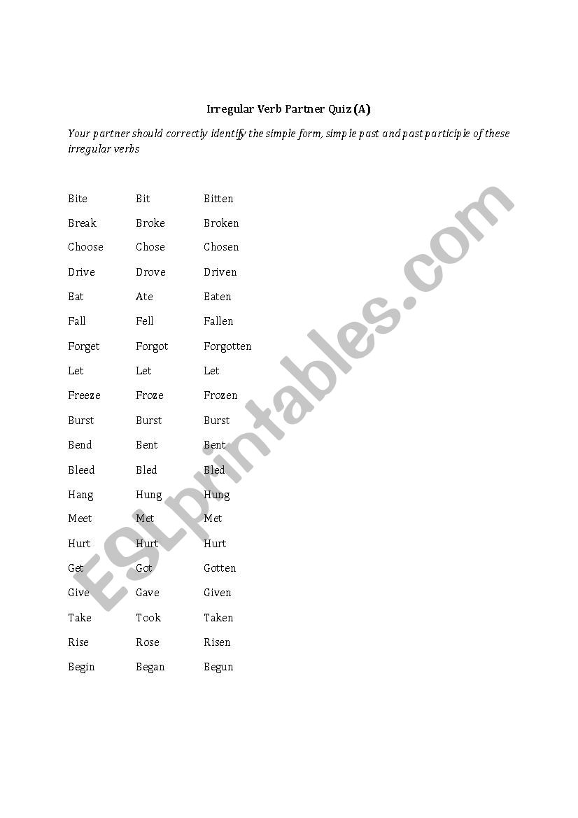 Irregular verbs worksheet