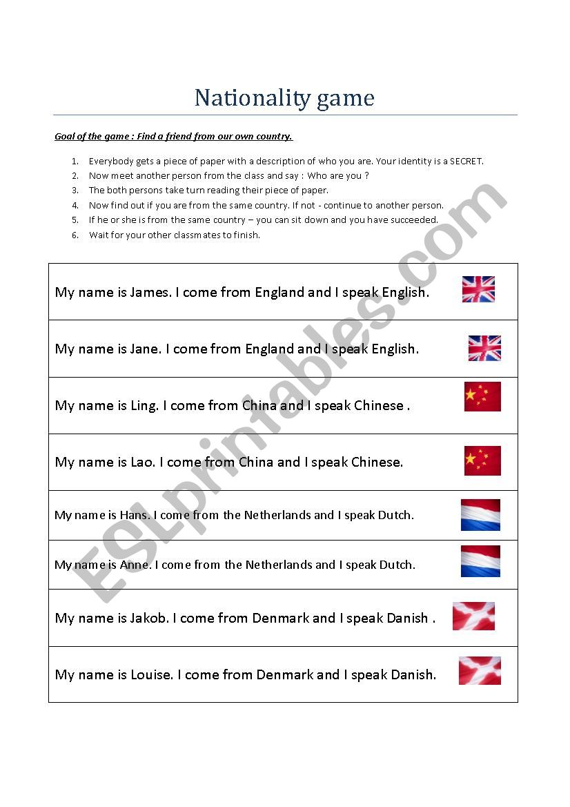 Nationality game worksheet