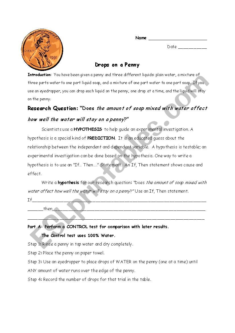 Drops on a penny  worksheet
