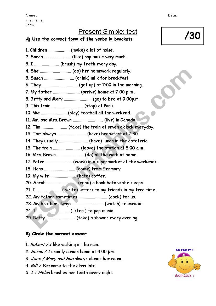 Test about the present simple worksheet
