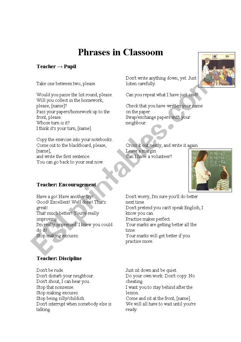 phrases in classroom worksheet