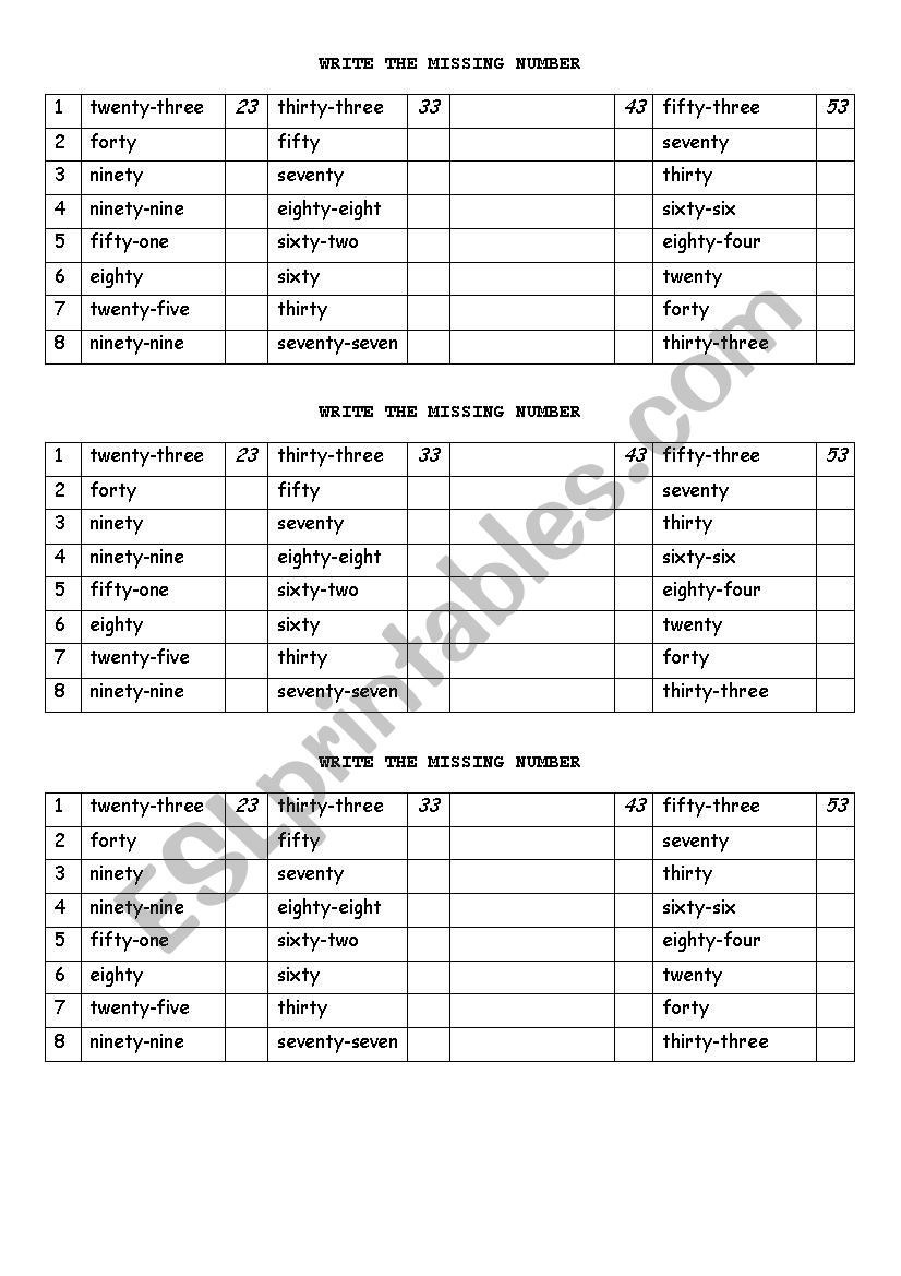 Write the missing number worksheet