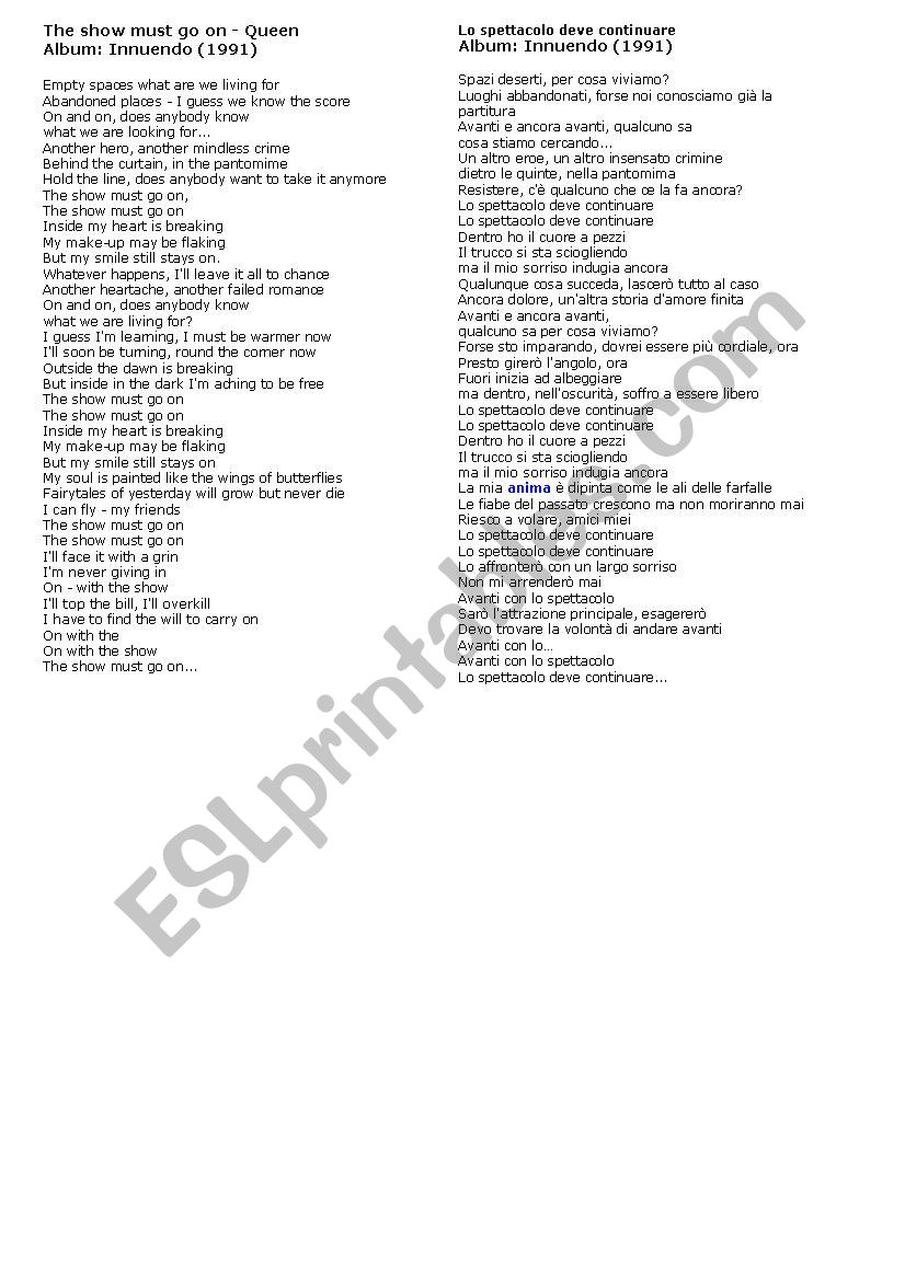 Song - show must go on worksheet
