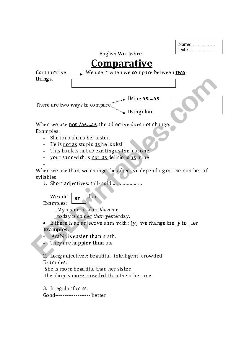 Comparative worksheet