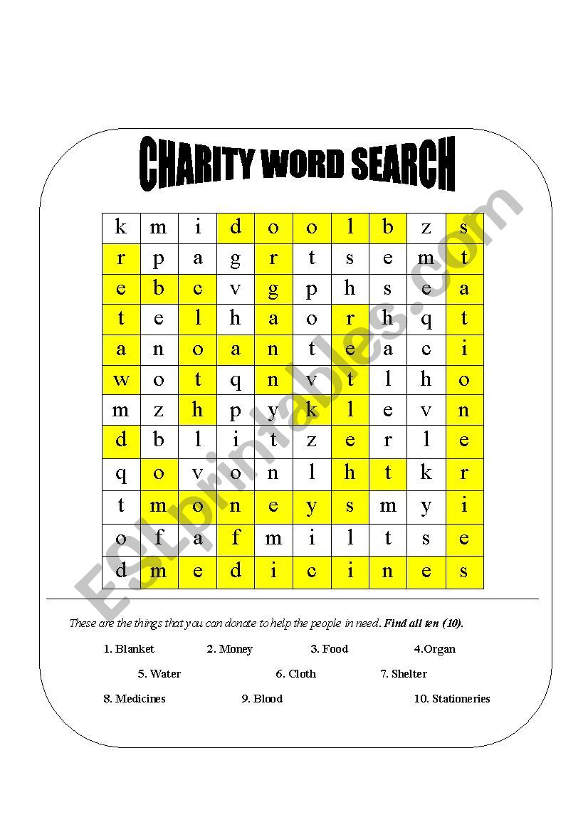 charity word search worksheet