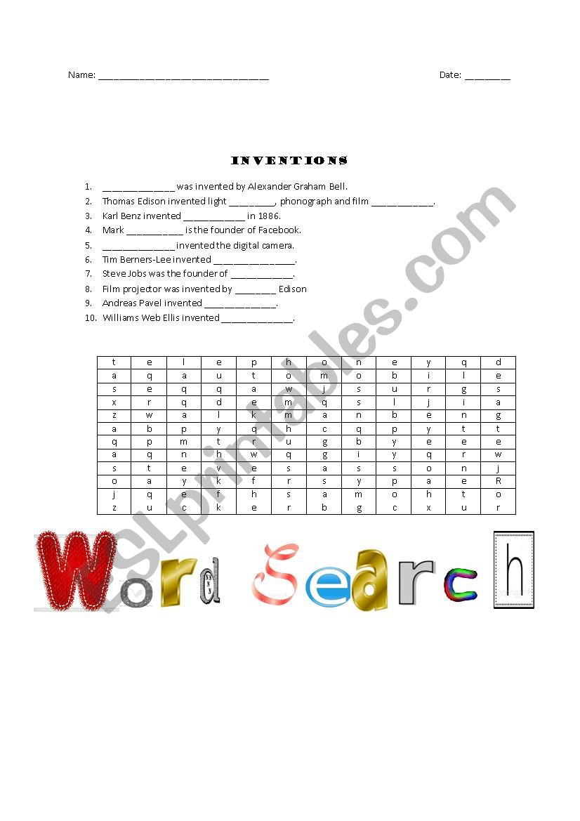 Inventions word search worksheet