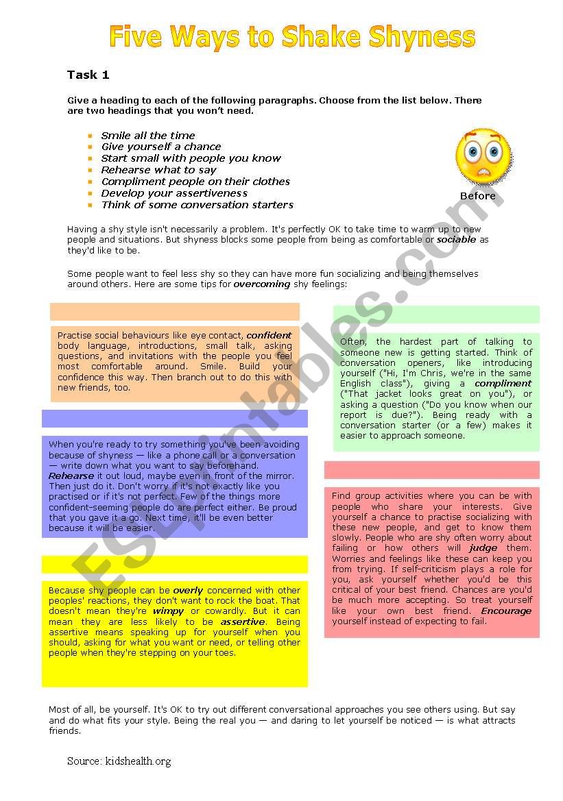 Five Ways to Shake Shyness worksheet