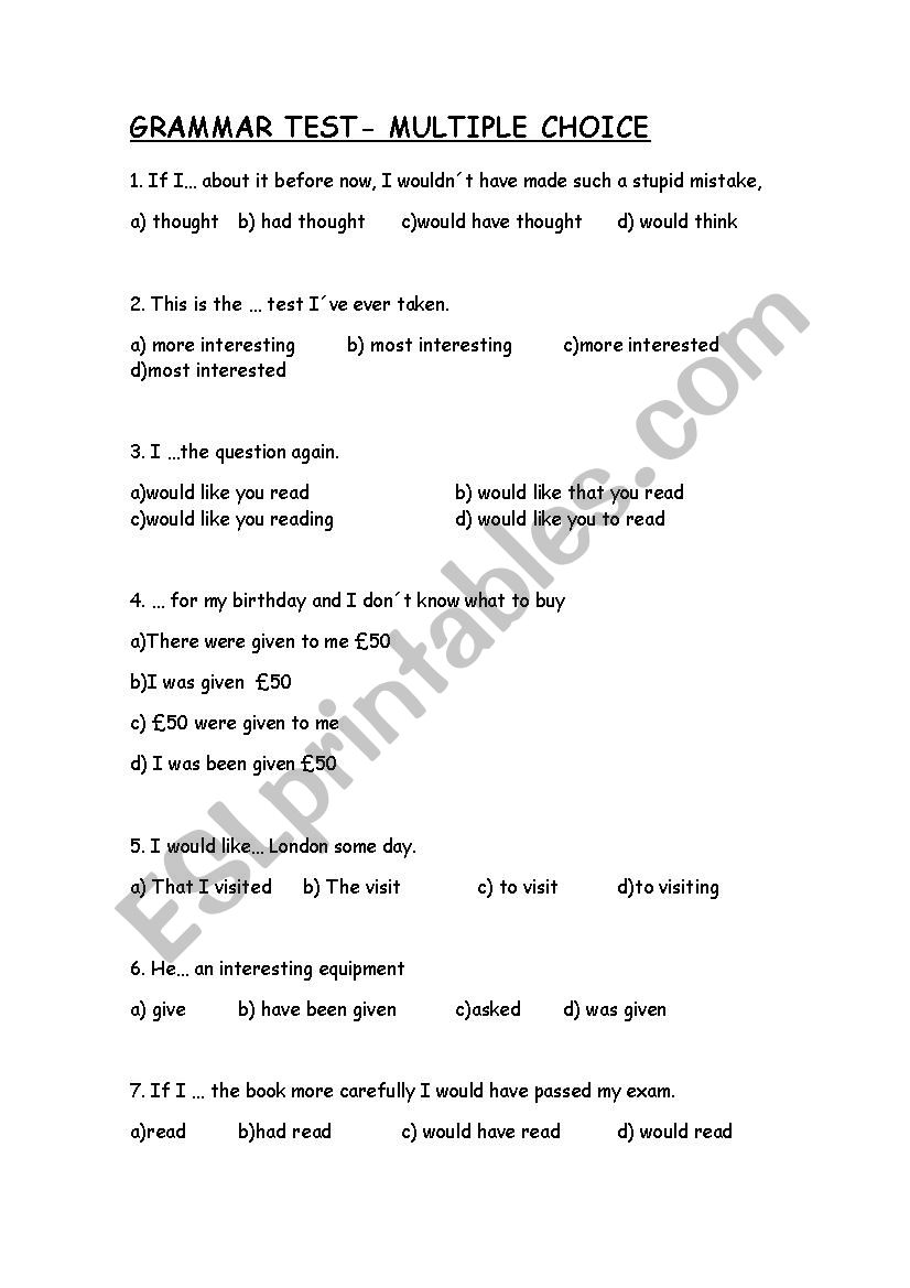 ADVANCED GRAMMAR TEST worksheet