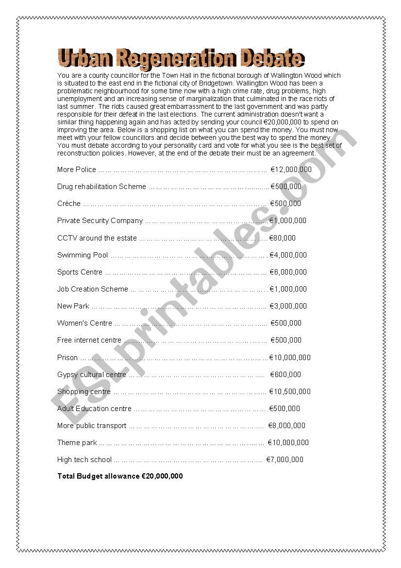 Urban Regeneration worksheet