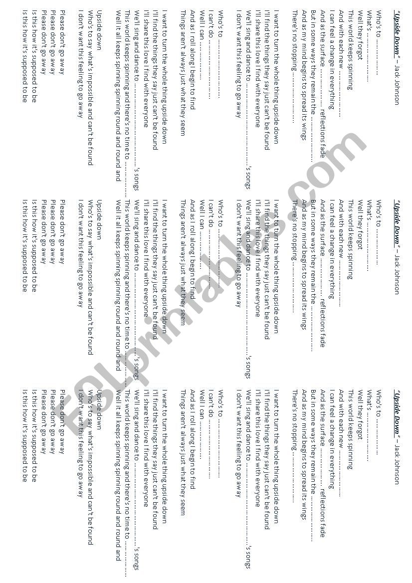 Upside dow - Jack Johnson worksheet