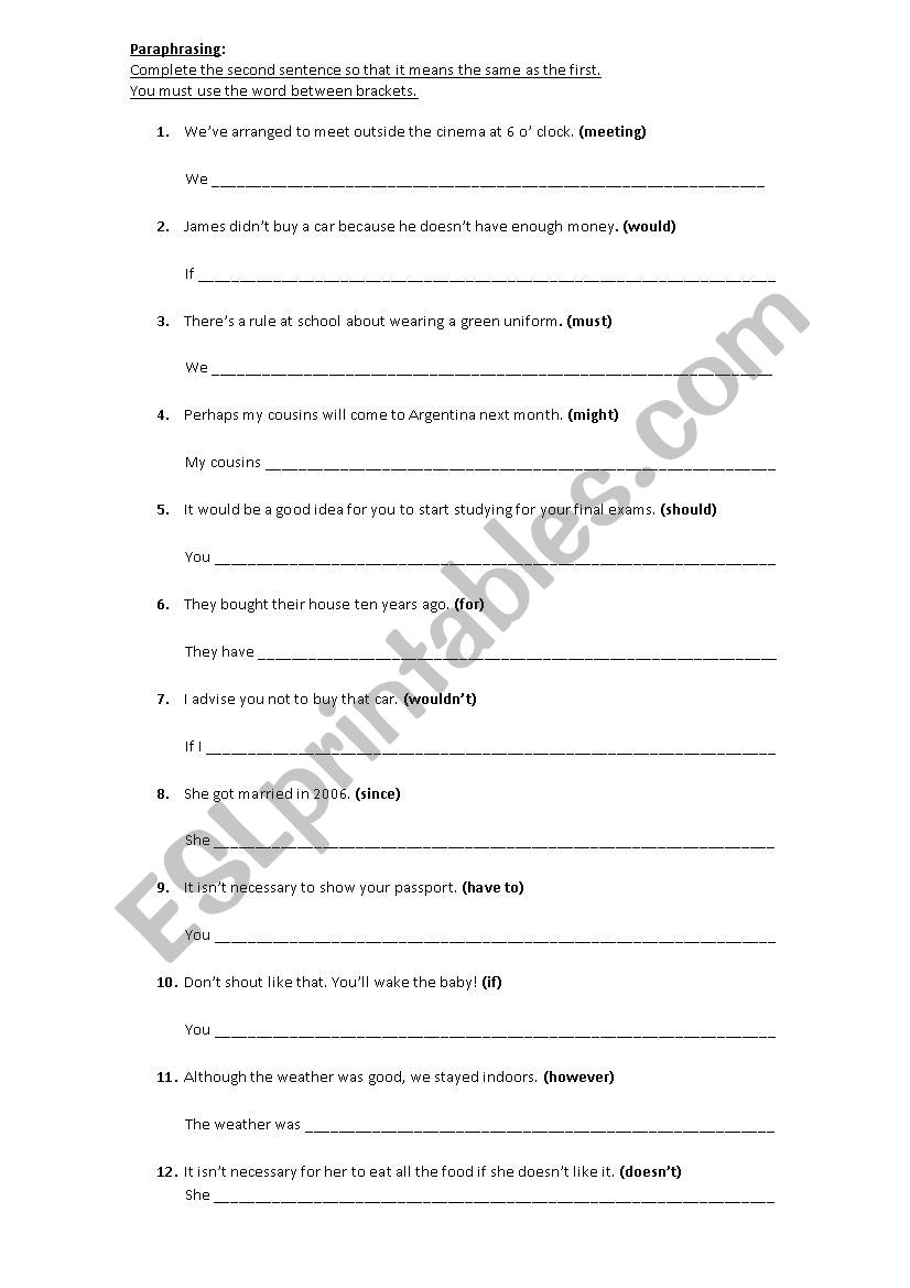 Paraphrasing worksheet