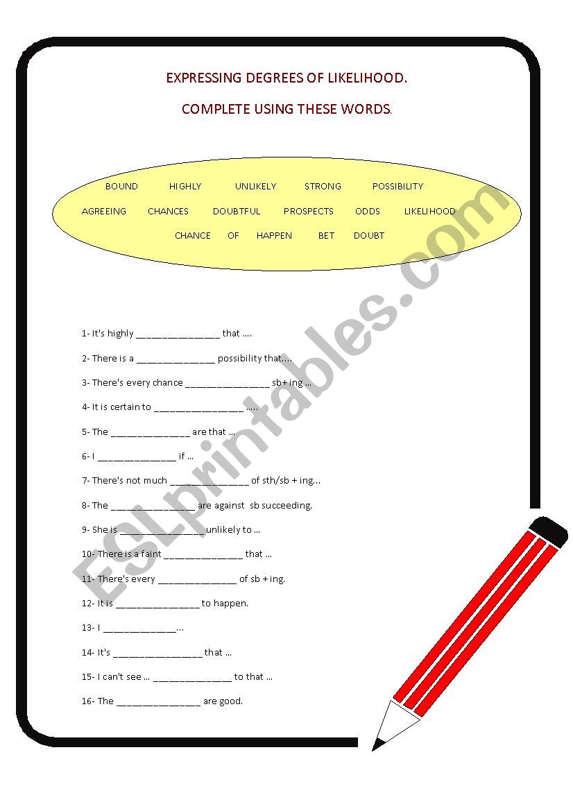 DEGREES OF LIKELIHOOD worksheet