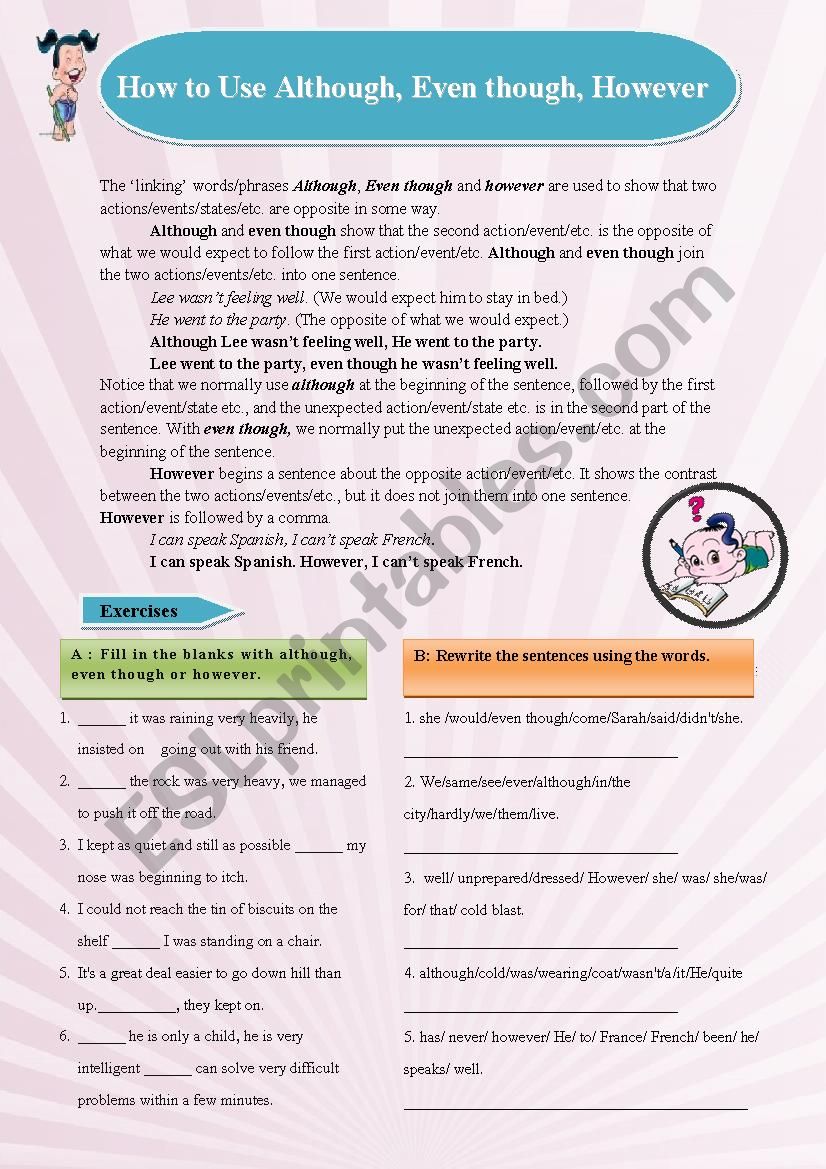 how-to-use-although-even-though-however-esl-worksheet-by-sarn