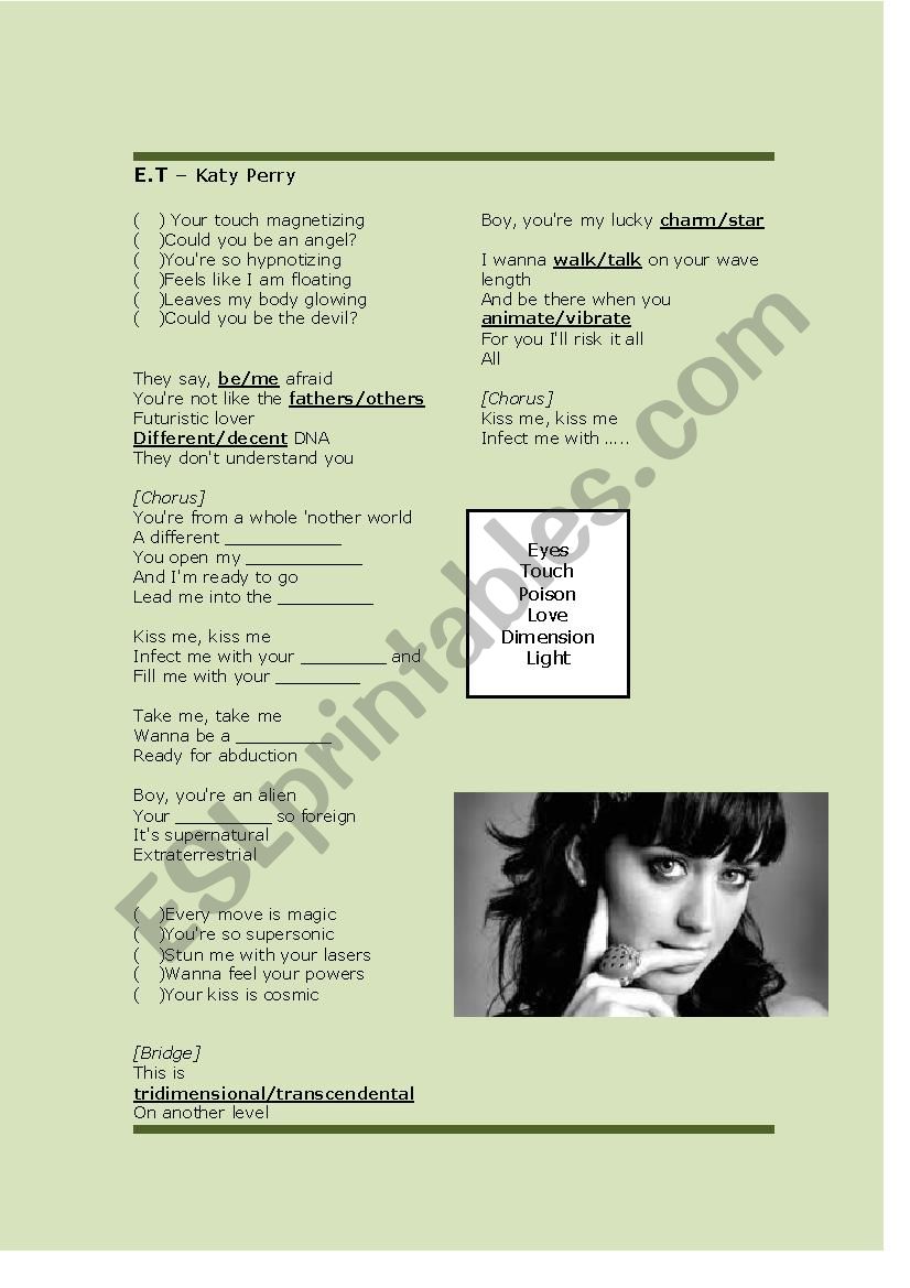 E.T - Katy Perry worksheet