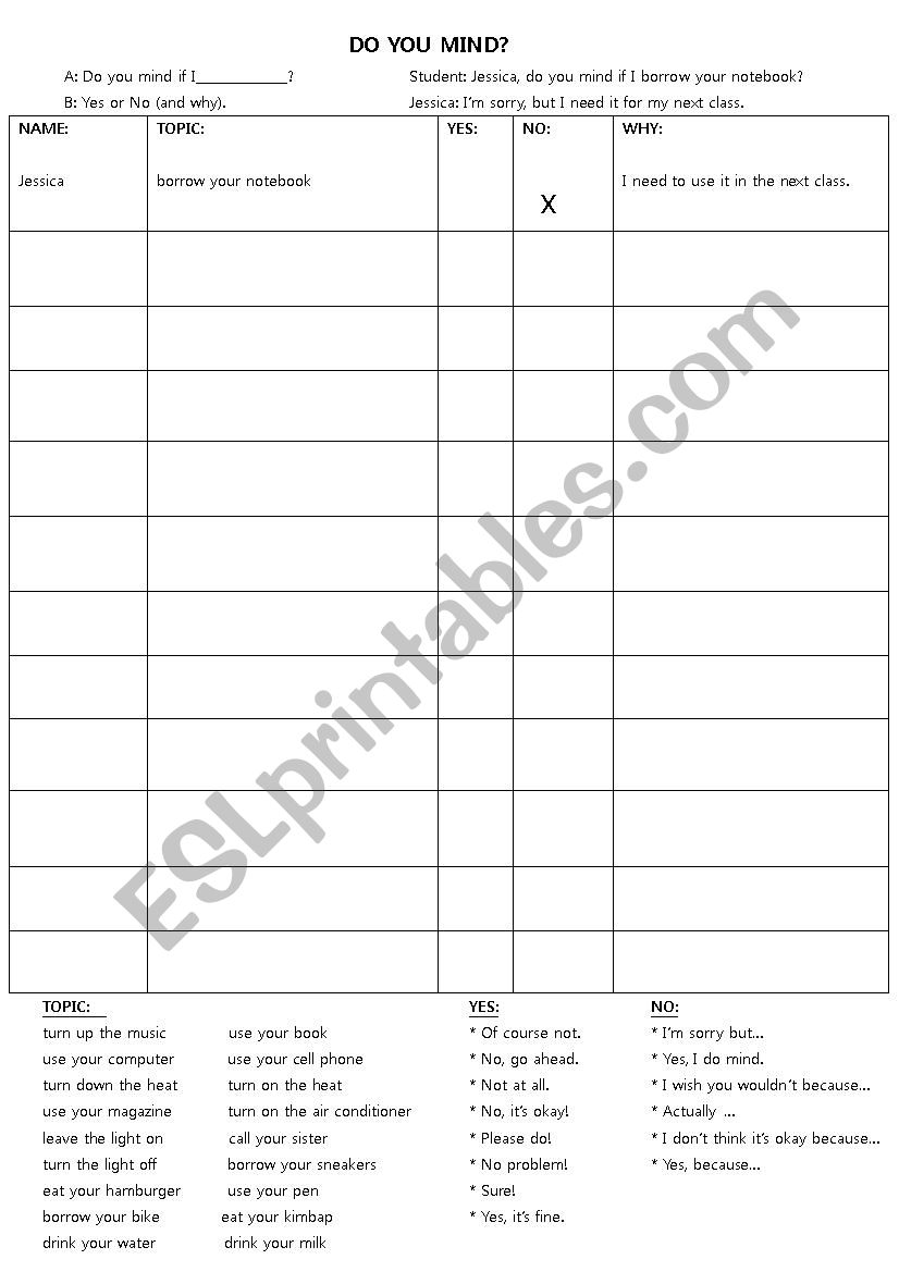 Do you mind? Speaking activity worksheet