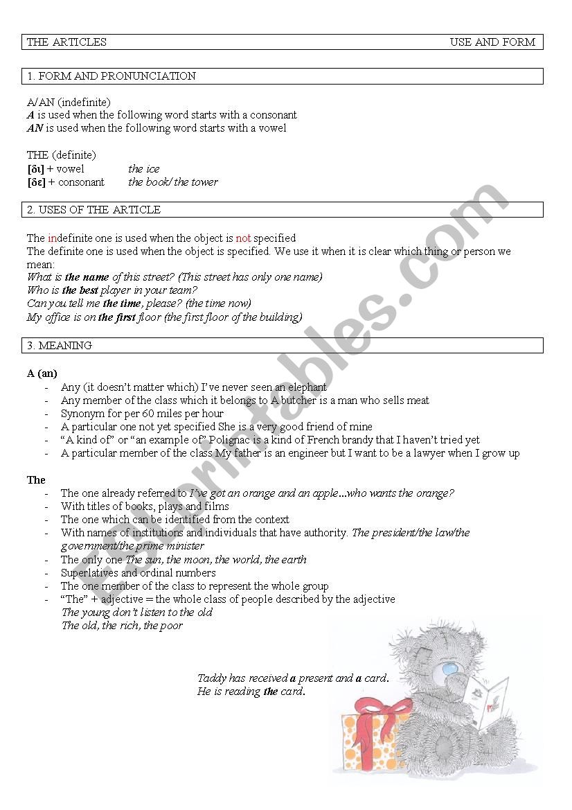 The Article. Use and Form worksheet