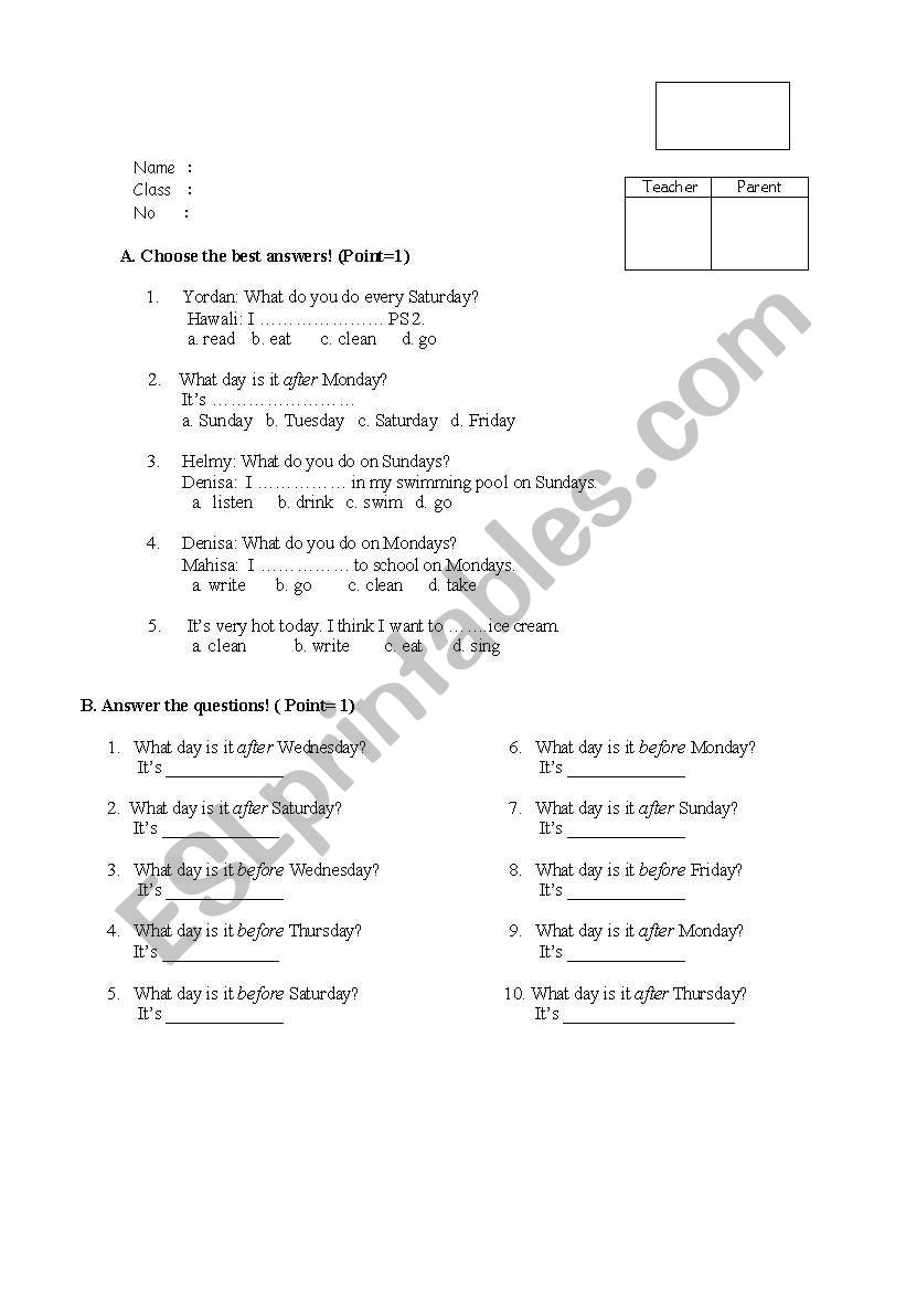 What day is it before Sunday? worksheet