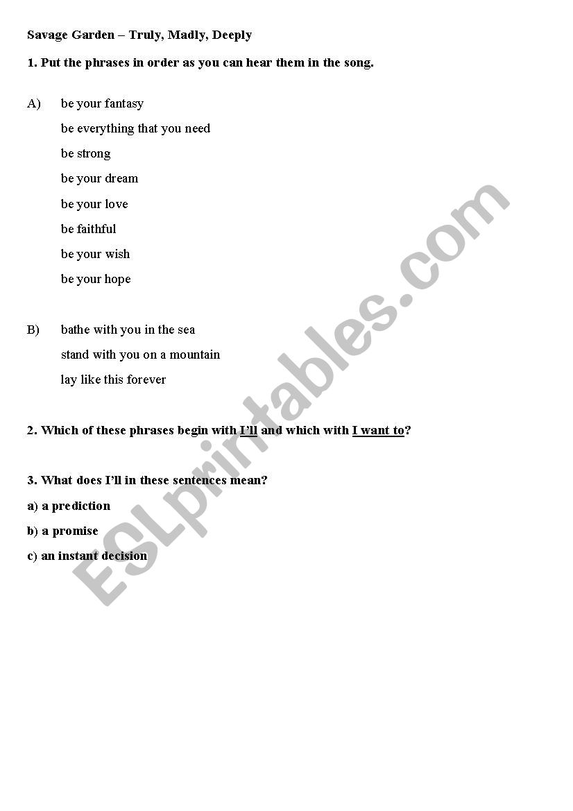 Song - Truly, madly, deeply worksheet