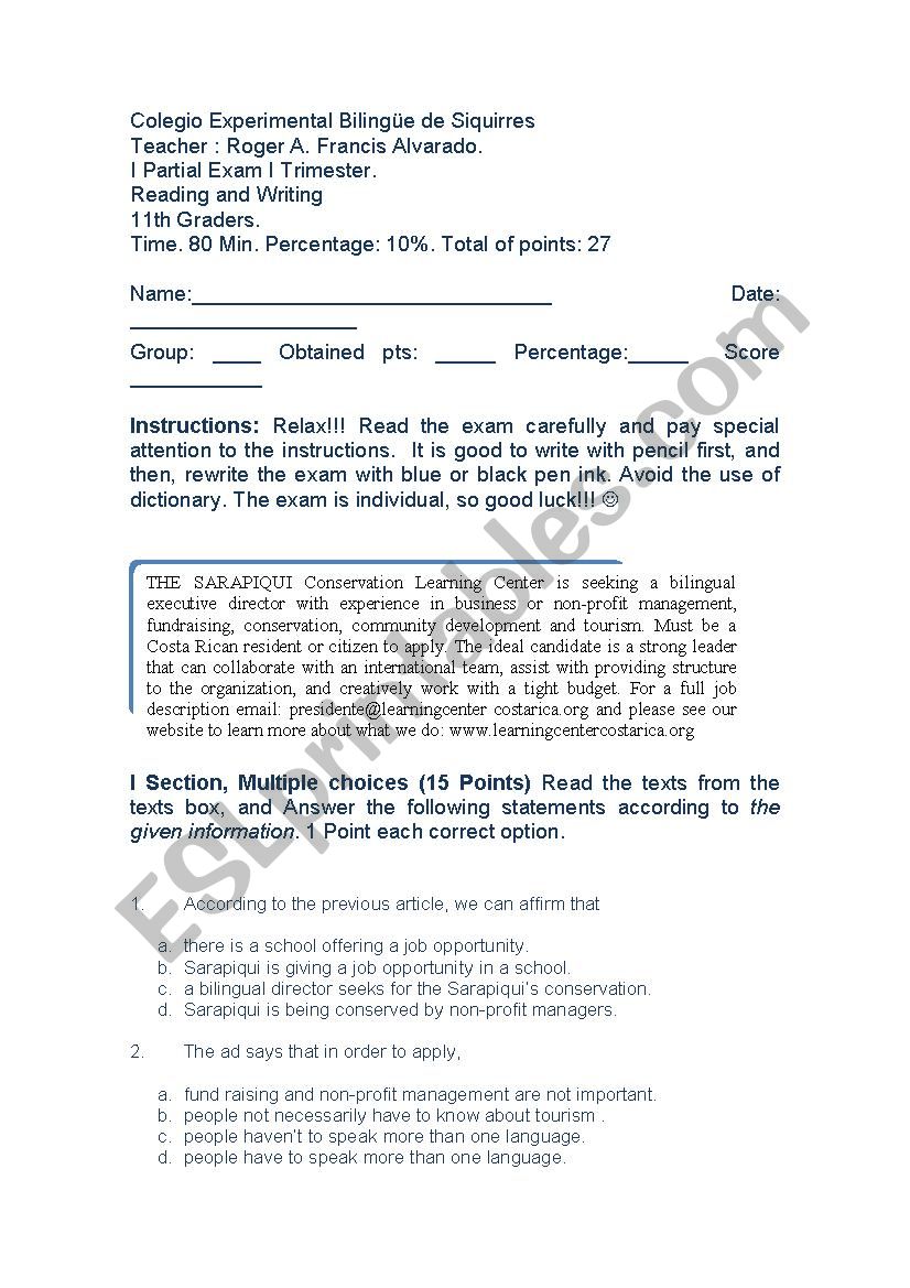 Reading & Writing Test  worksheet