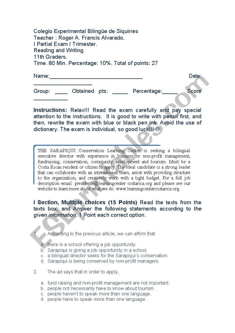 Reading & Writing Test  worksheet