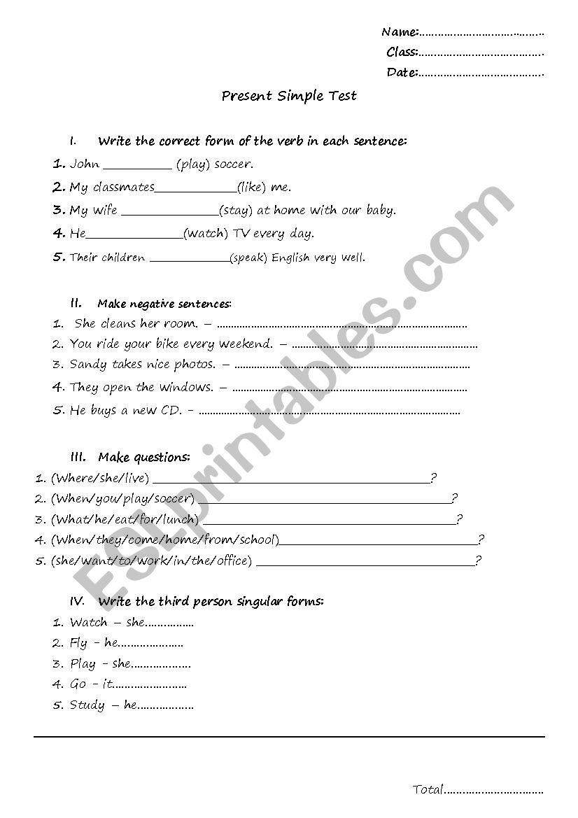 Present simple test worksheet