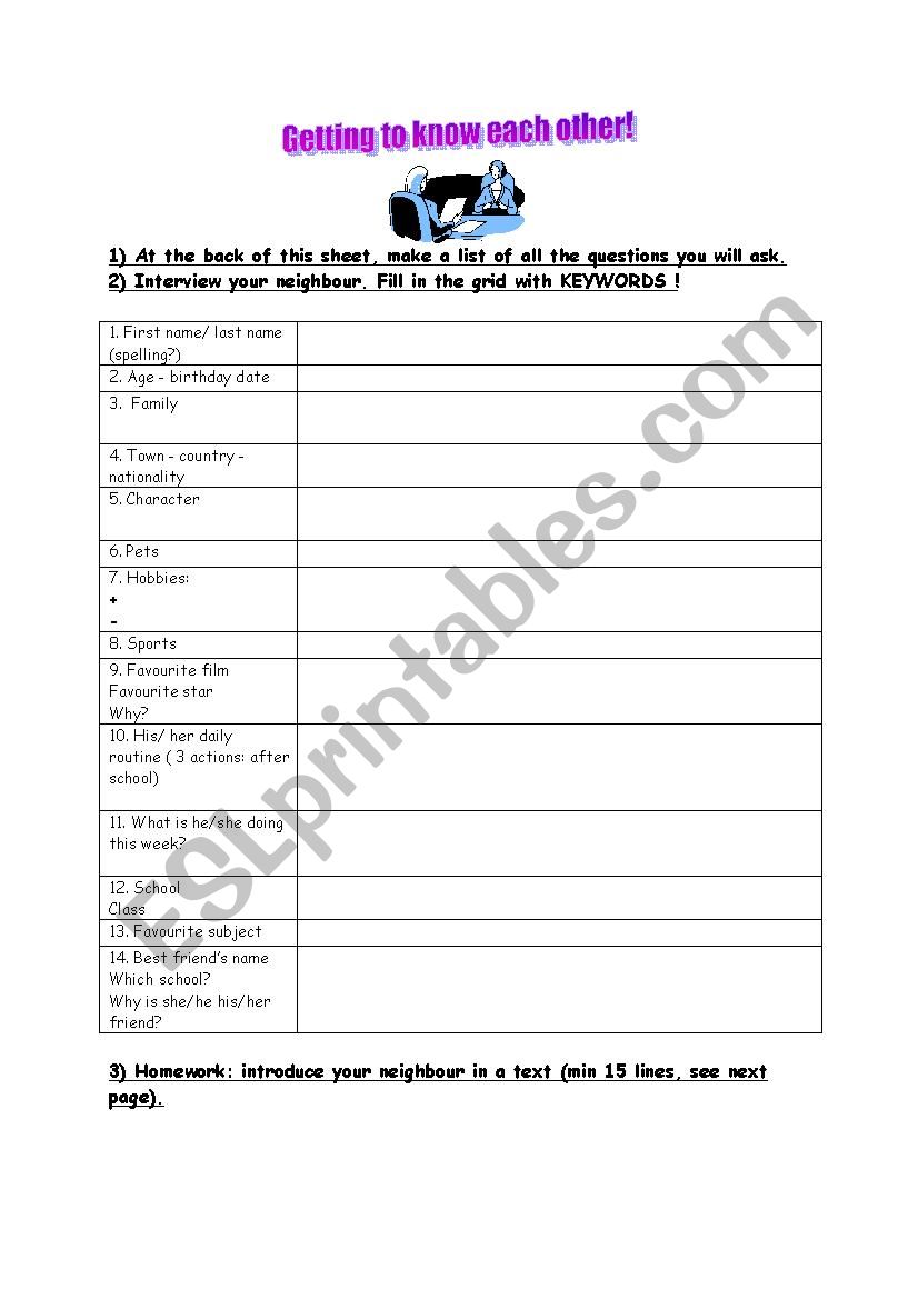 g=Getting to know each other worksheet