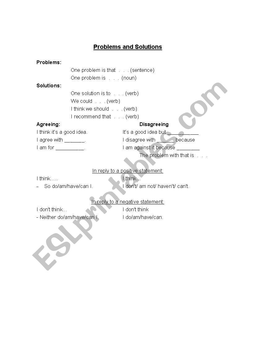 Problems and solutions worksheet