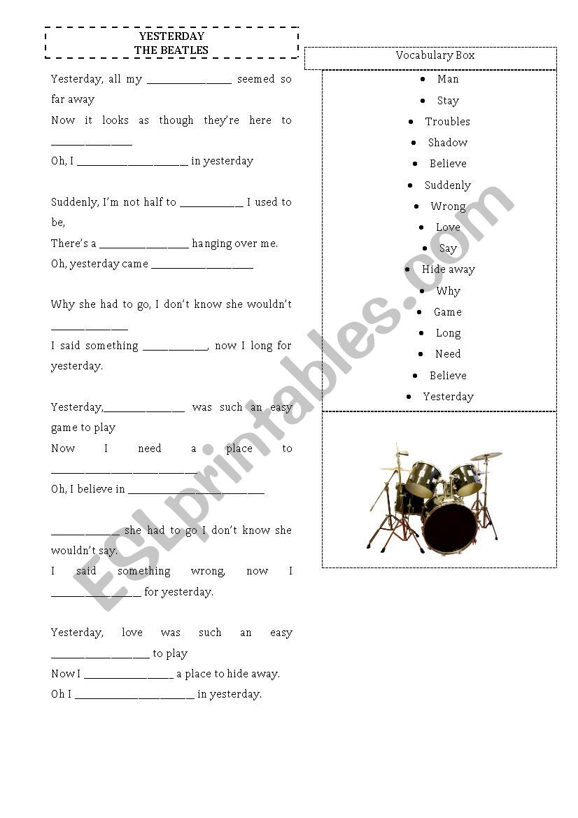 Yesterday- The Beatles song  worksheet