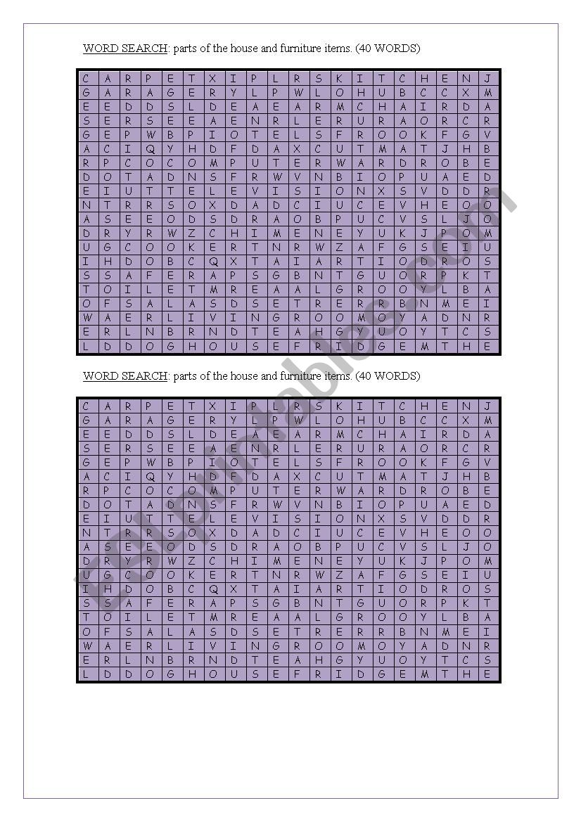 Word search- parts of the house and furniture items