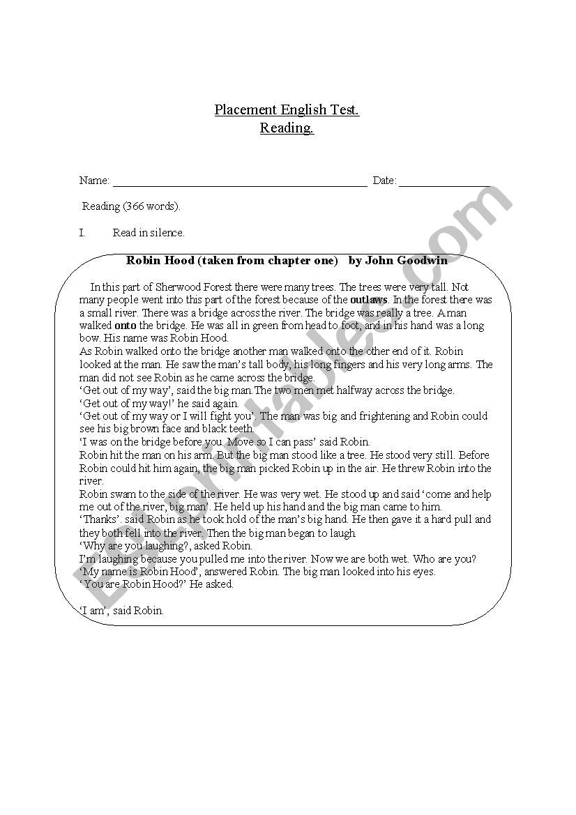Reading placement test worksheet