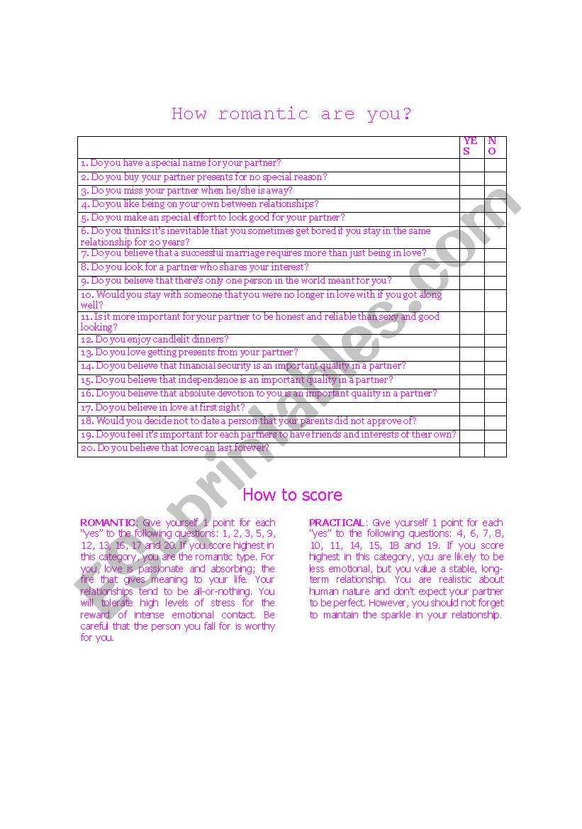 How romantic are you? worksheet