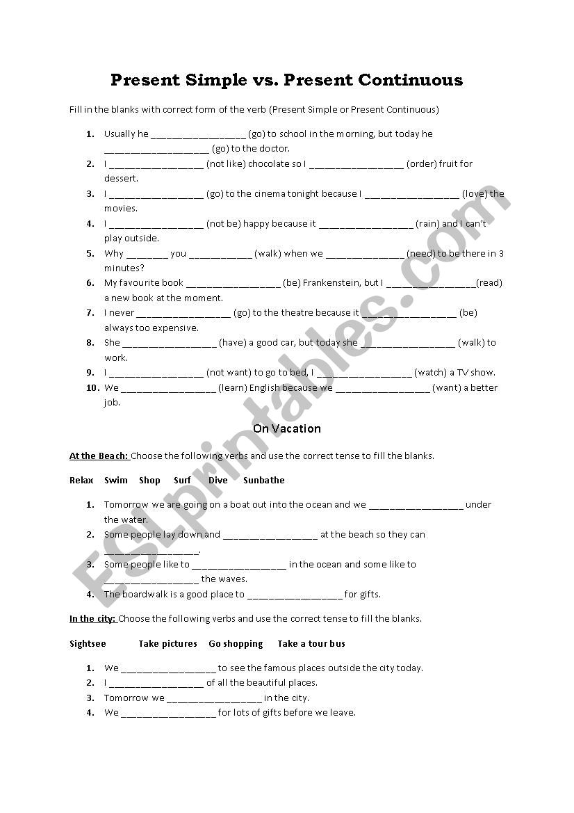 Present Continuous and Present Simple with Vacation / Holiday Vocab